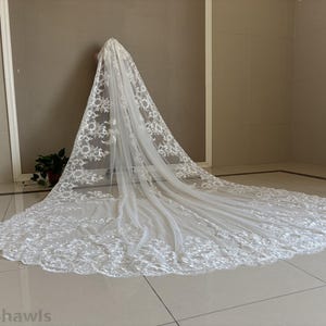 Luxury Cathedral Wedding Sequined Lace Veil, Single Layer Lace Applique Bridal Veil, White or Ivory Lace Veil