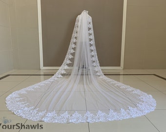 Cathedral Length Wedding Lace Veil, Beautiful White/Ivory Bridal Lace Veil, Vintage Wedding One Layer Romantic Lace Veil