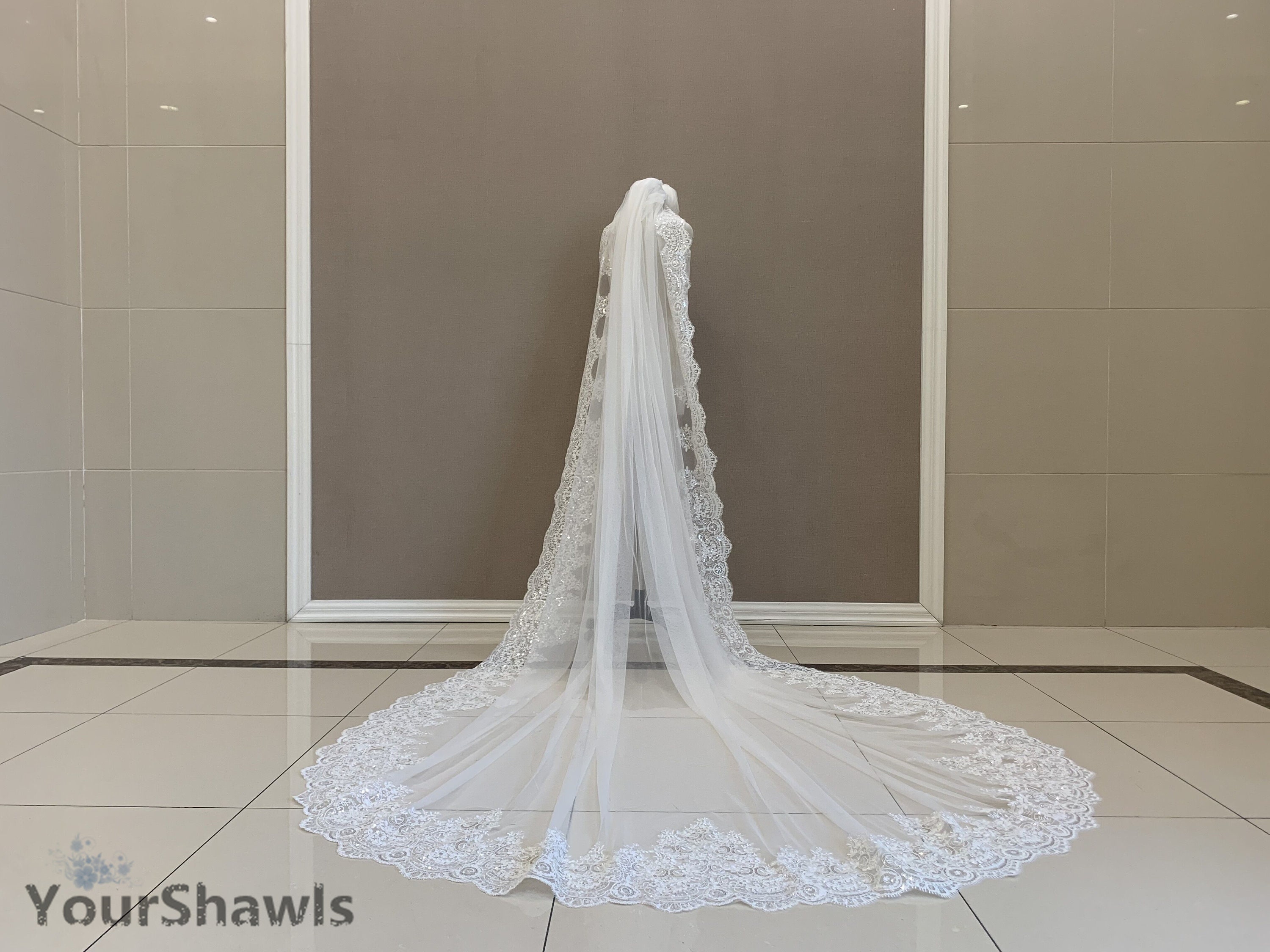 Luxury Cathedral Sequin Lace Bridal Veil, Single Layer White/Ivory Lace Veil, Romantic Wedding Lace Sequin Long Veil