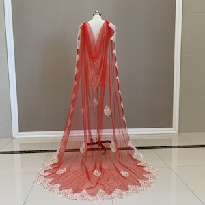 Cathedral Bridal Shawl Veil Luxury Women&#39;s White/Ivory Lace Applique Cloak Red Tulle Wedding Lace Shawl Cape Bride Accessories