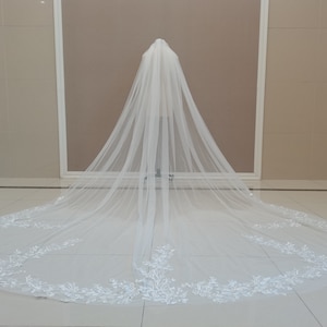 Wedding Lace Applique Veil Cathedral One Tier Lace Applique Bridal Veil White Or Ivory Wedding Tulle Veil