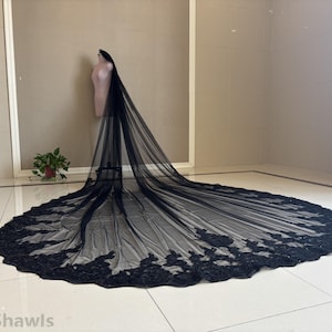 Gorgeous Cathedral Wedding Sequined Lace Veil, Single Layer Black Lace Applique Veil, Elegant Bridal White/Ivory Lace Veil