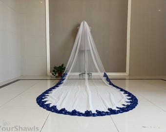Blue Sequined Lace Bridal Veil, One Layer Shiny Lace Wedding Veil, Cathedral White Ivory Lace Veil