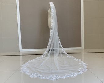 Velo de encaje para novia, blanco o marfil, largo catedral, de tul suave de una sola capa. Accesorios de boda.