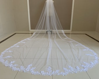 Luxury Cathedral Wedding Single Layer Lace Veil White or Ivory Lace Veil Elegant Bridal Lace Applique Veil Soft Tulle Veil