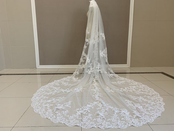 Beautiful Ivory Tulle Cathedral Wedding Veil With Lace Applique Edge Beautiful Ivory Tulle Cathedral Wedding Veil With Lace Applique Edge