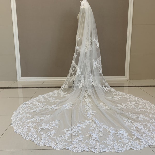 Lace Cathedral Bridal Veil Gorgeous Wedding Veil White/Ivory One Layer Veil with Comb Bridal Lace Veil