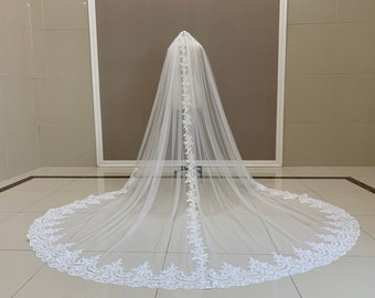 Velo de novia estilo catedral de encaje, elegante velo de novia de una capa, de tul blanco o marfil, para boda, estilo vintage de encaje para mujer.