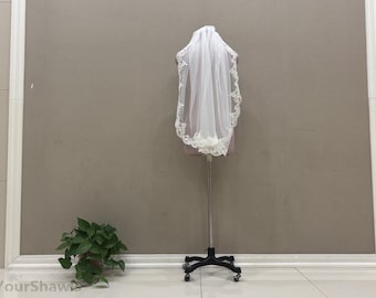 Elegant Bridal Flower Lace Veil, Short Lace Bridal Veil, Single Layer Ivory Wedding Veil, Elbow Length White Tulle Veils