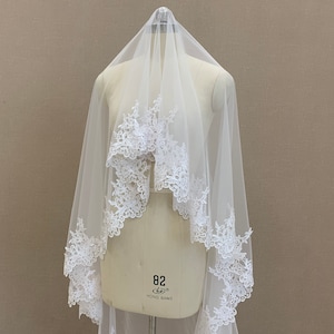 Romantic Wedding Lace Veil, Church One Tier Bridal Lace Veil, White/Ivory Wedding Lace Tulle Veil, Cathedral Bridal Veil
