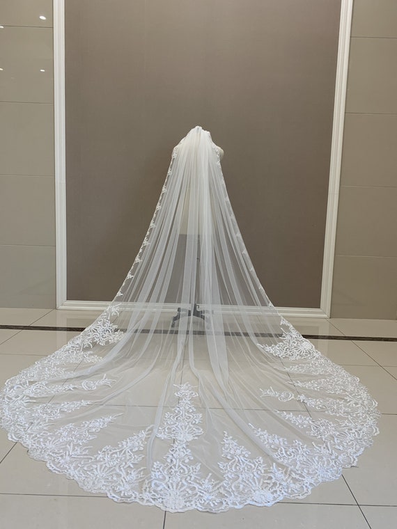 Luxurious Wedding Lace Veil White or Ivory Cathedral Length  display picture 2