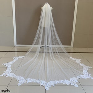 Luxuriöser Hochzeit One Tier Spitze Schleier, Kathedrale Applikation Spitzenschleier, Weiß / Elfenbein Einzigartiger Spitze Schleier, Eleganter Brautspitze Tüll Schleier