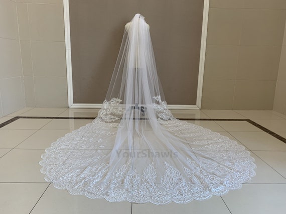 Vintage Cathedral Single Tier Sequin Lace Veil, Luxury Wedding White/Ivory Handmade Veil, Elegant Bridal Headpiece
