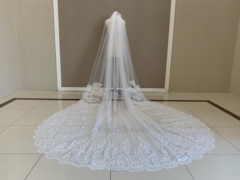 May include: A white bridal veil with a scalloped lace trim. The veil is long and flowing, with a delicate floral pattern.
