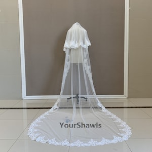 Luxus Kathedrale Hochzeit Spitzenschleier, Eleganter Brautschleier mit zwei Schichten, Weiß / Elfenbein Romantischer Spitzenschleier, Hochzeitszubehör