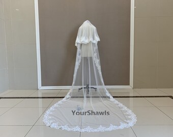 Luxury Cathedral Wedding Lace Veil, Elegant Bridal Two Layer Lace Veil, White/Ivory Romantic Lace Veil, Wedding Accessories
