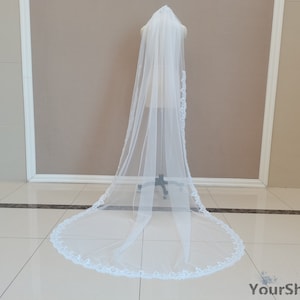 Luxury Cathedral Sequin Veil, Romantic Wedding Sequin Lace Veil, Single Layer White Lace Veil, Beautiful Bridal Ivory Lace Veil, Tulle Veil