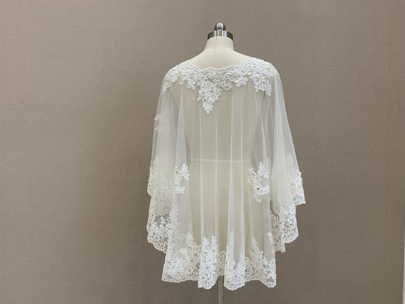 Elegant Bridal Ivory/White Lace Jacket Bolero Crystal Cape Women Applique Shrug Shawls Lace Edge Diamond Luxury Bridesmaid Bridal Shawl image 1