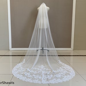 Elegante Braut Hochzeit Spitze Schleier, Weiß / Elfenbein Einschichtige Spitze Applikation Schleier, Luxuriöse Kathedrale Applikation Spitze Schleier