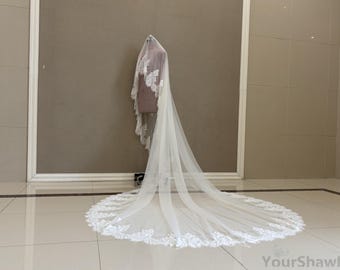 Luxury Wedding Lace Veil, Cathedral White Ivory Mantilla Veil, Single Layer Bridal Drape Veil