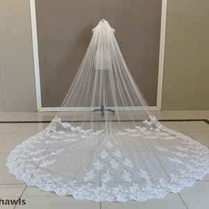 Gorgeous Cathedral Applique Lace Veil, Vintage Wedding White/Ivory Lace Applique Veil, Beautiful Bride One Layer Lace Applique Veil