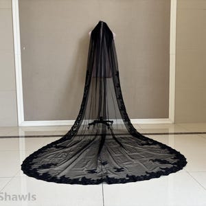 Lace Trim Bridal Veil, Black Lace Applique Wedding Veil, Cathedral Length 1 Layer Lace Veil, White/Ivory Soft Tulle Veils