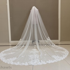 Elegant Bridal Sequined Lace Veil, Cathedral One Layer Lace Applique Wedding Veil, White Lace/Ivory Tulle Bridal Veil