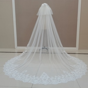 Wedding Sequin Lace Veil Luxury Cathedral Two Layer Lace Applique Veil Elegant White or Ivory Lace Bridal Veil Wedding Tulle Veil