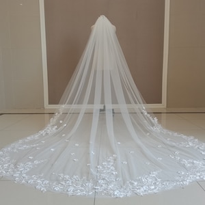 May include: A white bridal veil with a delicate floral lace trim. The veil is long and flowing, with a soft, romantic look.