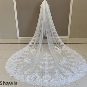 Eleganter Weißer / Elfenbein Brautschleier aus Spitze mit Paillettenspitze und Spitze, Vintage Kathedralen Langer Hochzeitsschleier aus Spitze mit Spitze