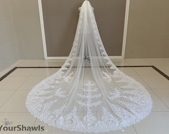 Elegant White/Ivory Bridal Sequin Lace Veil, Vintage Cathedral Long Wedding Lace Appliqué Veil, One Layer Romantic Wedding Lace Veil