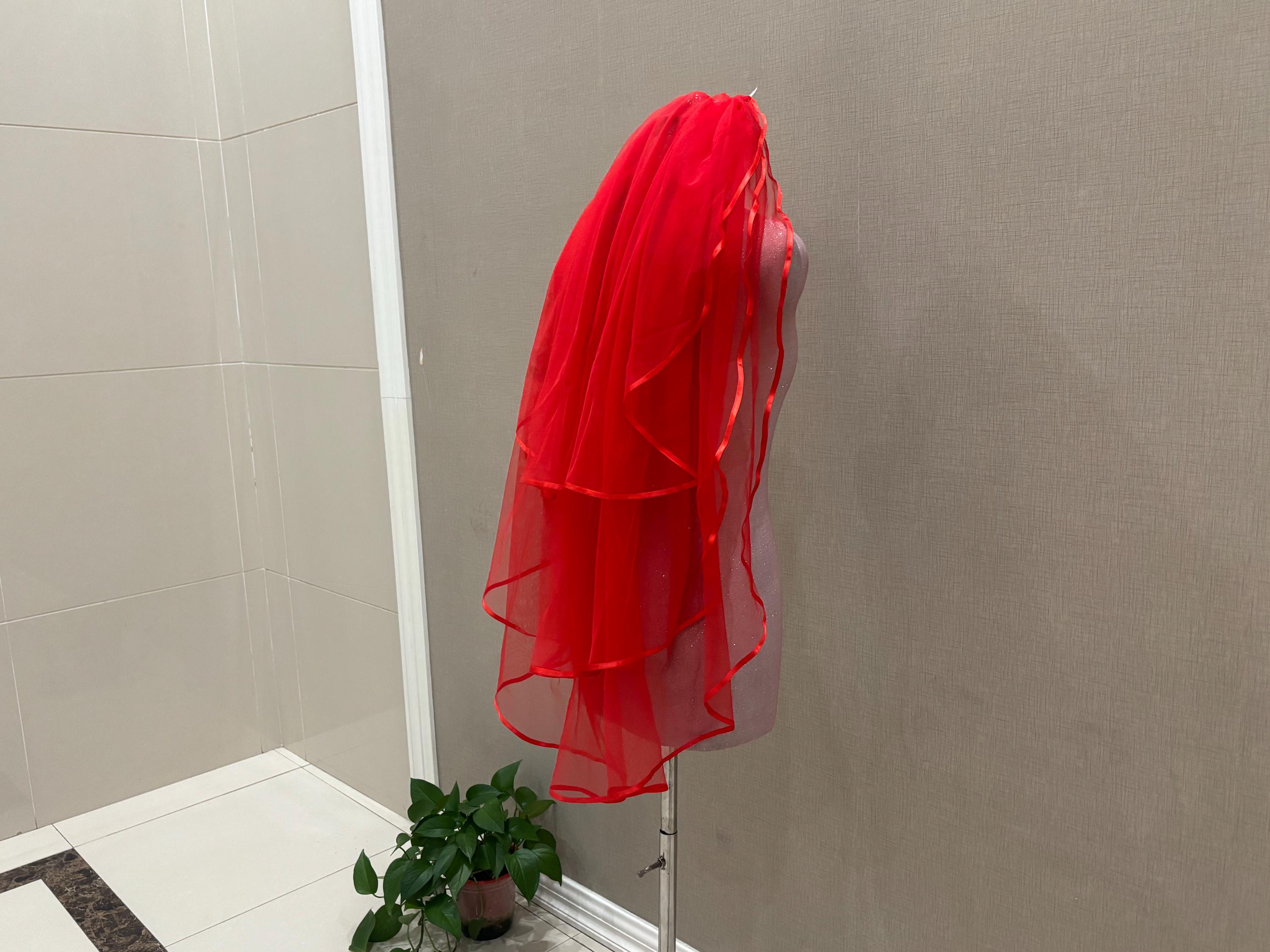Simple Red 3 Layer Ribbon Trimmed Wedding Veil, Short White or