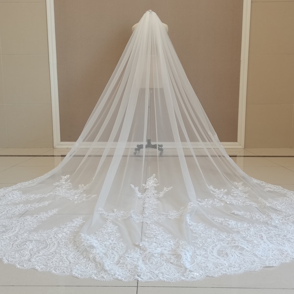 Single Layer Lace Veil Sequined Lace Wedding Veil Lace Cathedral Veil White/Ivory Tulle Bridal Veil With Comb
