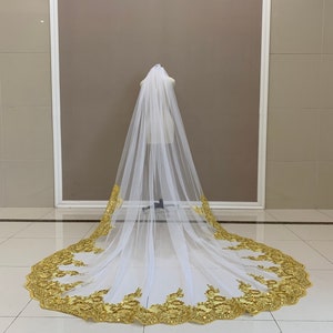 Sequins Lace Wedding Veil Gold Lace Edge Long Veil Cathedral White Ivory  Tulle Bridal Veil One Layer Lace Veil
