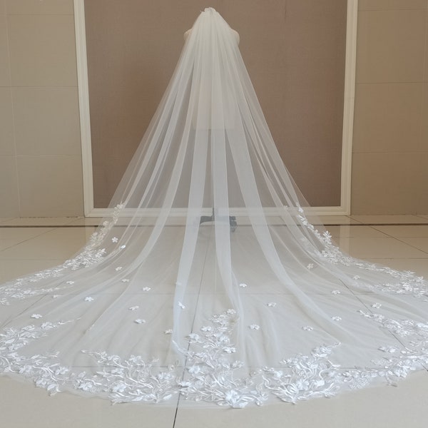 Hochzeit Schleier Braut Eine Schicht Weiß oder Elfenbein Spitze Schleier Kathedrale Länge Spitze Applikation Schleier Hochzeit Accessoires