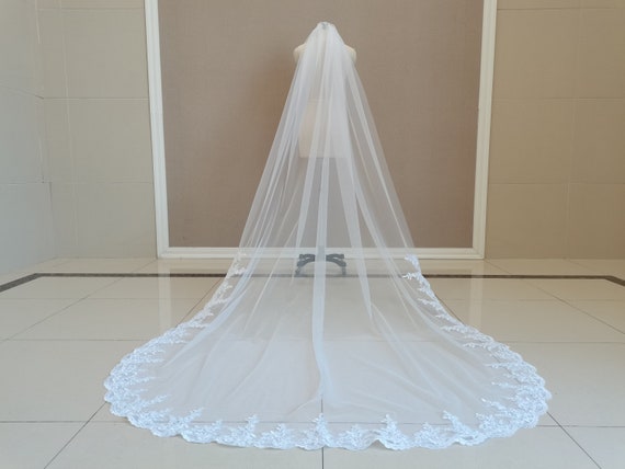 NWT Elegant White Lace Trim Bridal Veil Sequined Lace Mantilla Wedding Veil, Irregular Hem Bride  main image 2
