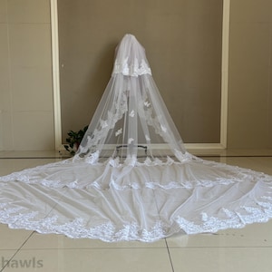 Romantic Wedding Lace Applique Veil, Gorgeous Cathedral 2-Layer Lace Trimmed Bridal Veil, White Ivory Wedding Lace Applique Veil