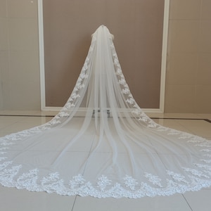 Lace Applique Cathedral Bridal Veil White Or Ivory Wedding Veil One Layer With Comb Bridal Lace Veil