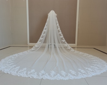 Lace Applique Cathedral Bridal Veil White Or Ivory Wedding Veil One Layer With Comb Bridal Lace Veil