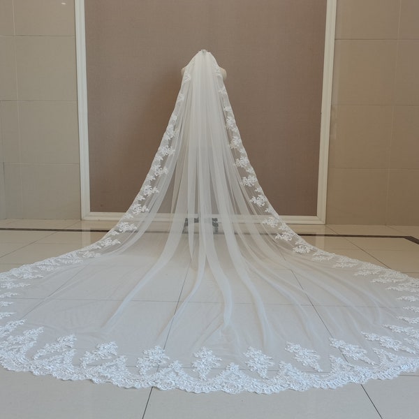 Lace Applique Cathedral Bridal Veil White Or Ivory Wedding Veil One Layer With Comb Bridal Lace Veil