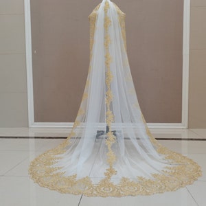 Lace Cathedral Veil One Tier Gold Lace Edge Wedding Veil White/Ivory Lace Bridal Veil