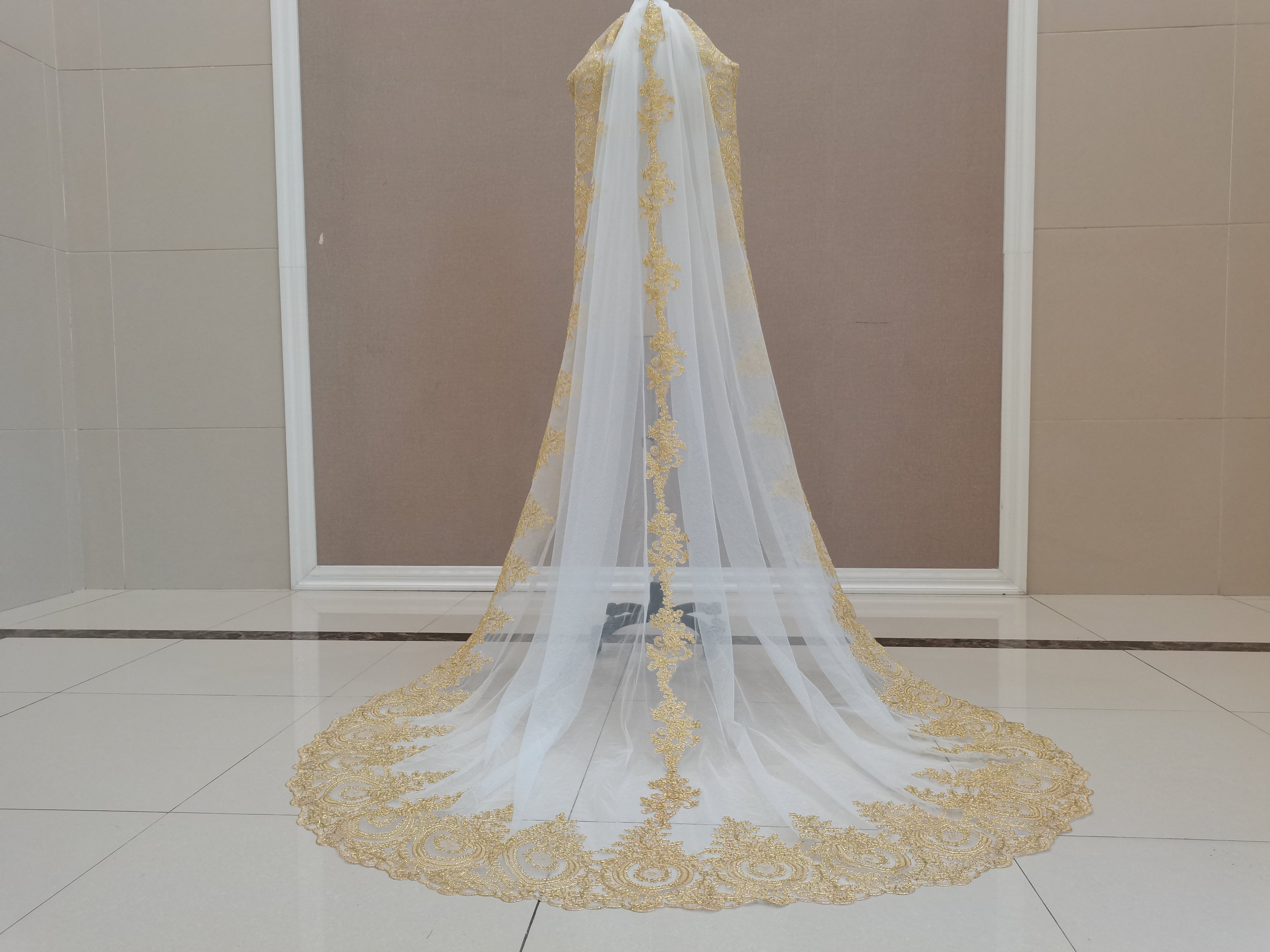 Lace Cathedral Veil One Tier Gold Lace Edge Wedding Veil White/Ivory Lace Bridal Veil