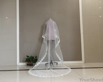 1 Layer Mantilla Veil, Lace Bridal Veil, White Ivory Tulle, Cathedral Wedding Veil