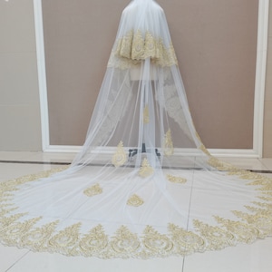 Lace Applique Cathedral Wedding Veil White or Ivory Elegant Bridal Lace Veil Single Layer Gold Lace Edge Wedding Veil