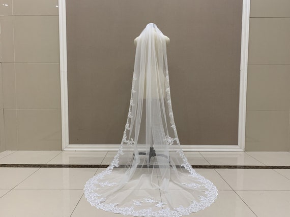 One Layer Long Lace Applique Bridal Veil 98 Inches Chapel
