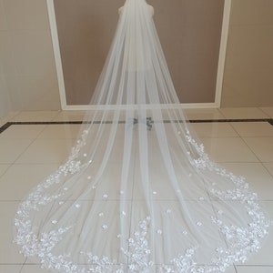 May include: A white bridal veil with a delicate floral lace trim. The veil is long and flowing, with a soft, romantic look.