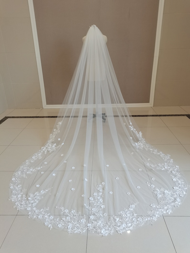 May include: A white bridal veil with a delicate floral lace trim. The veil is long and flowing, with a soft, romantic look.