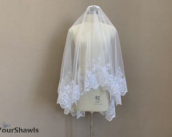 Wedding Veil, White/Ivory Sequin Lace Veil, Single Layer Lace Bridal Veil, Romantic Wedding Lace Sequin Veil