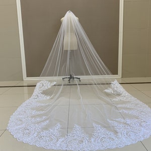 One Layer White Or Ivory Sequin Lace Bridal Veil Cathedral Lace Veil Sequin Lace Wedding Veil Wedding Accessories