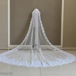 Hochzeit Pailletten-Spitze-Schleier, Kathedrale Single-Layer-Spitze Applikation Schleier, Elegante Braut Weißer Elfenbein-Spitze-Schleier